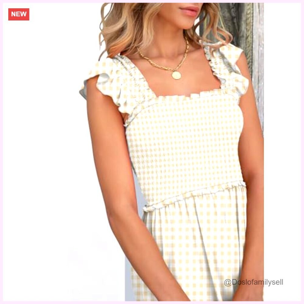 Sleeveless Maxi Dress Square Neck Smocked Boho Casual Ruffle Strap Flowy - Picture 6 of 7